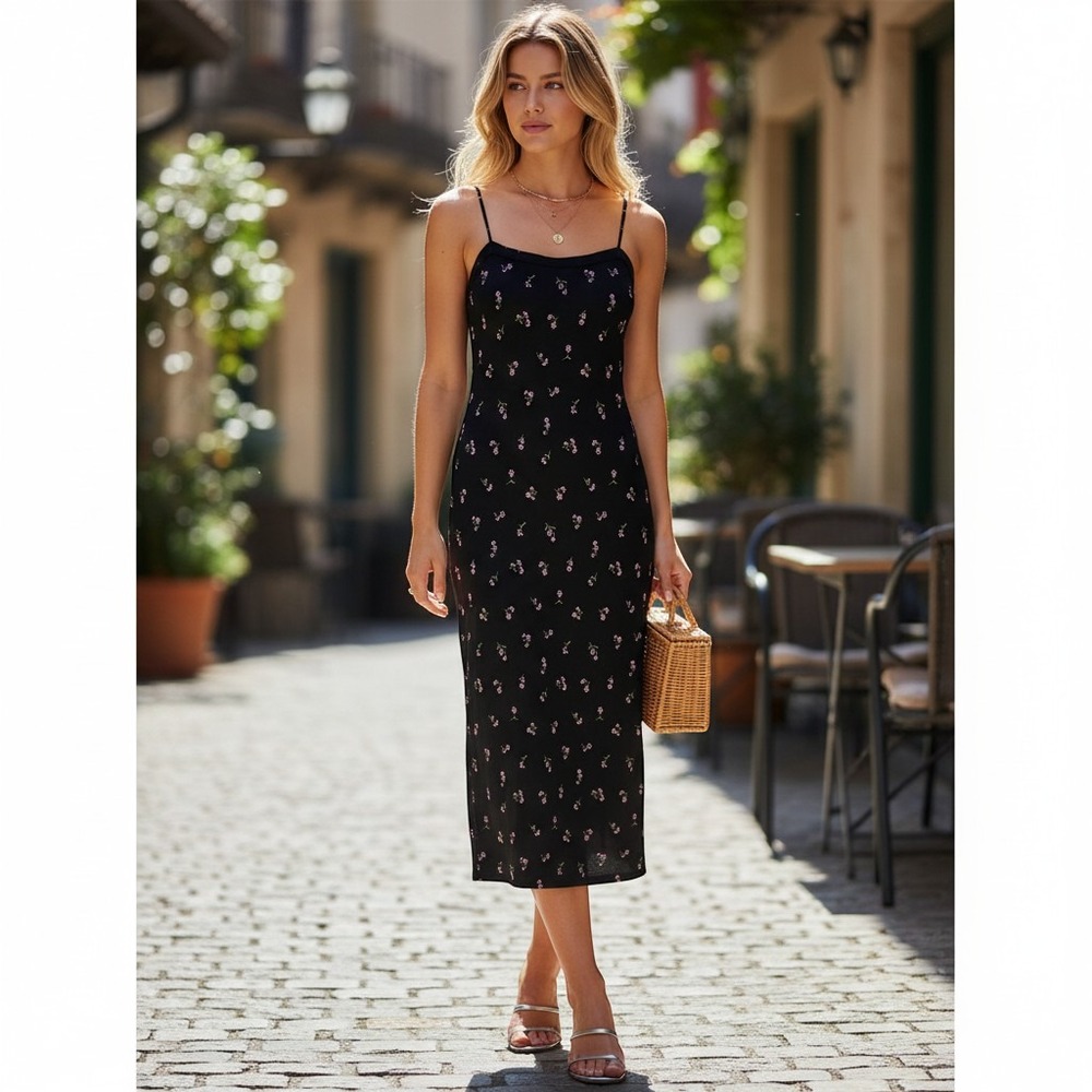 PS Per Seption Maxi Dress Size M Black Floral Spaghetti Strap Side Slit 90s